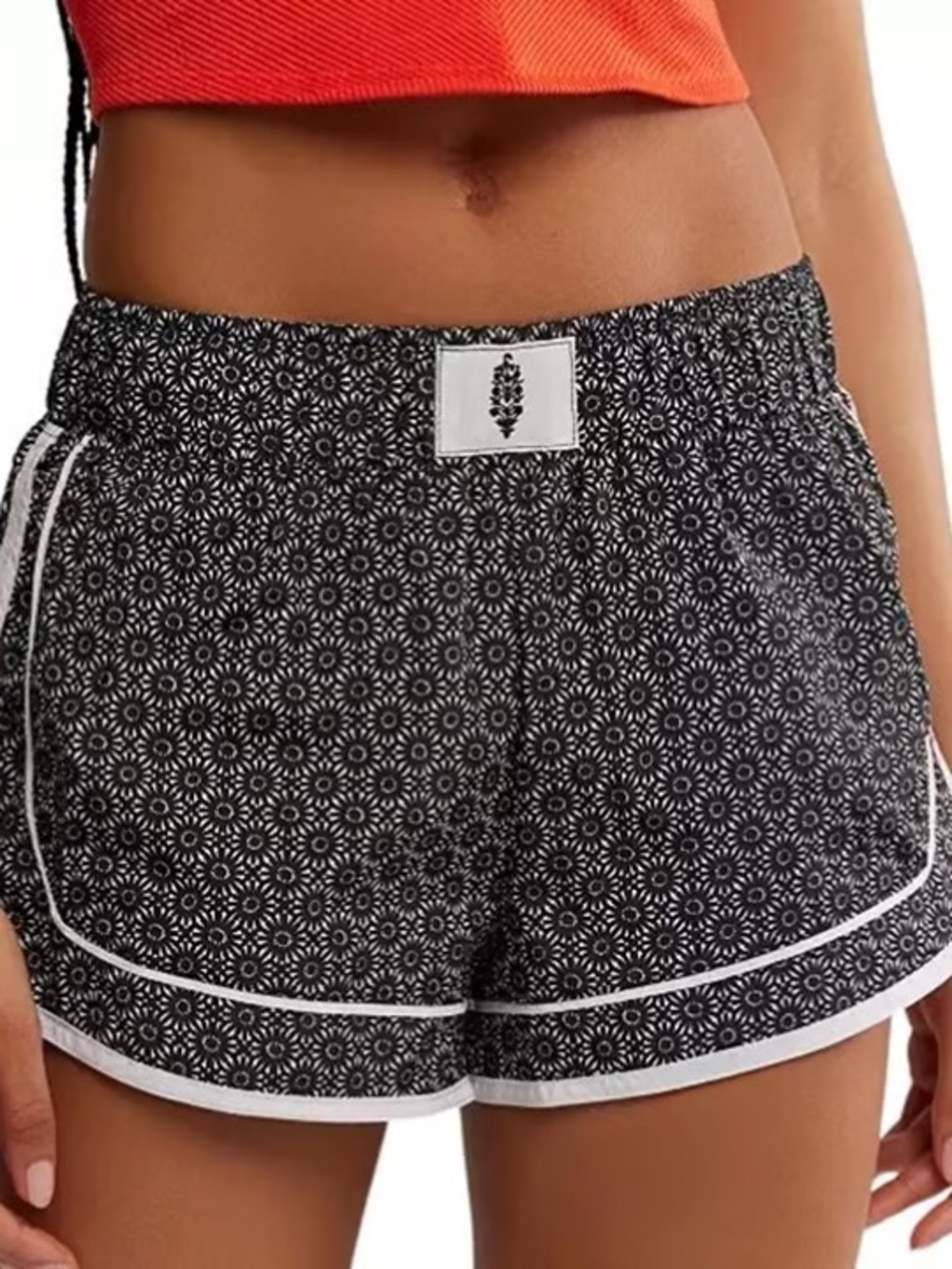 Free People Black Floral-Pattern Athletic Shorts with White Trim